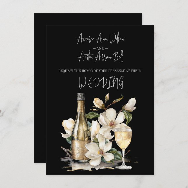 Magnolia Champagne and Glasses White Text Invitation (Front/Back)