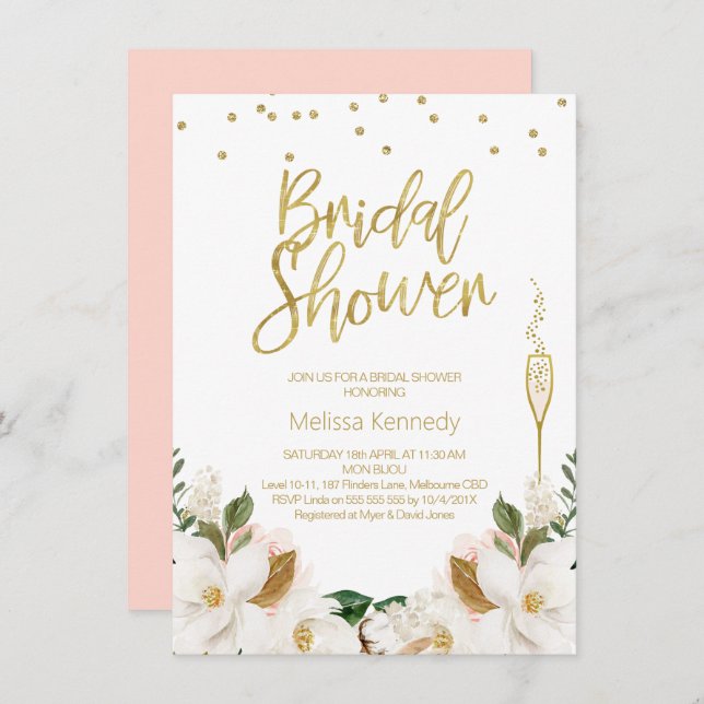 Magnolia Champagne Glass Bridal Shower Invitation (Front/Back)