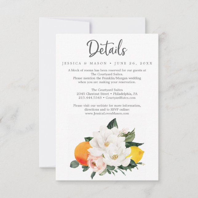 Magnolia Citrus Wedding Details Card (Front)