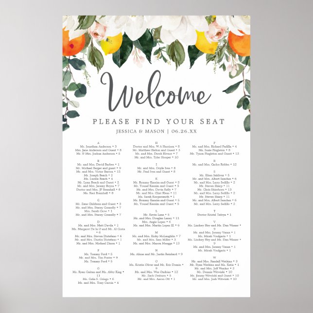 Magnolia Citrus Wedding Seating Chart Sign (Front)