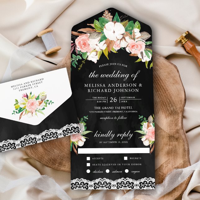 Magnolia Cotton Blush Pink Floral Black Wedding All In One Invitation (Creator Uploaded)