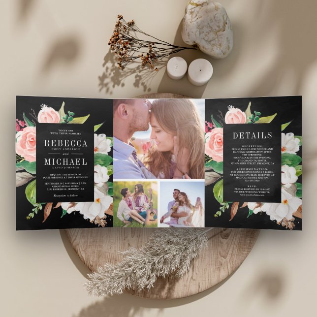 Magnolia Cotton Blush Pink Floral Black Wedding Tri-Fold Invitation (Creator Uploaded)