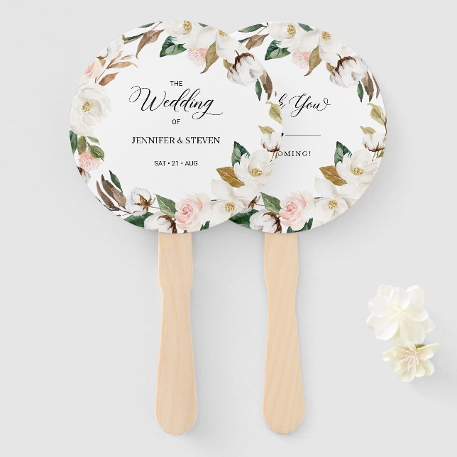 Magnolia Cotton & Floral Wedding Welcome Hand Fan (Front and Back)