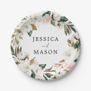 Magnolia Cotton Monogram Bridal Shower Paper Plate