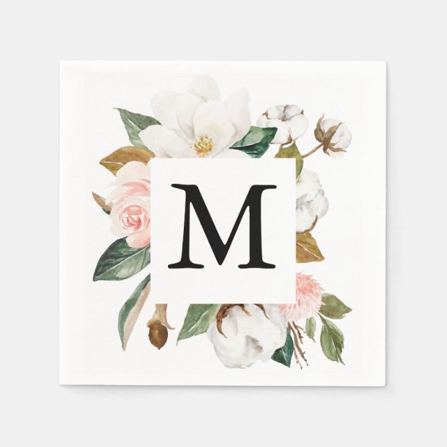 Magnolia Cotton Monogram Wedding Cocktail Napkin (Front)