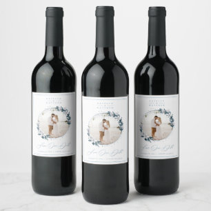 Magnolia & Dusty Blue Circle Photo Save the Date Wine Label