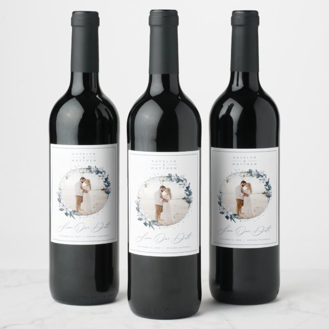 Magnolia & Dusty Blue Circle Photo Save the Date Wine Label (Bottles)