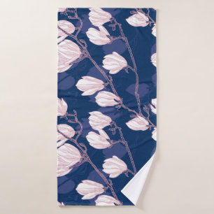 Magnolia Elegance: Navy Spring Bloom Bath Towel