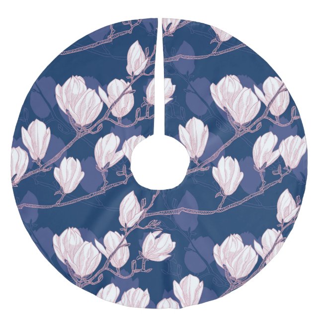 Magnolia Elegance: Navy Spring Bloom Brushed Polyester Tree Skirt (Front)