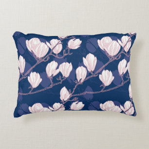 Magnolia Elegance: Navy Spring Bloom Decorative Cushion