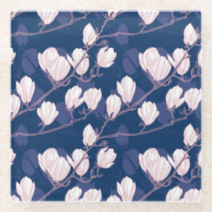 Magnolia Elegance: Navy Spring Bloom Glass Coaster