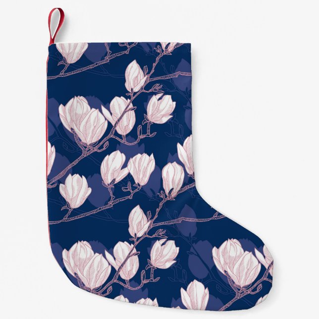 Magnolia Elegance: Navy Spring Bloom Small Christmas Stocking (Front)