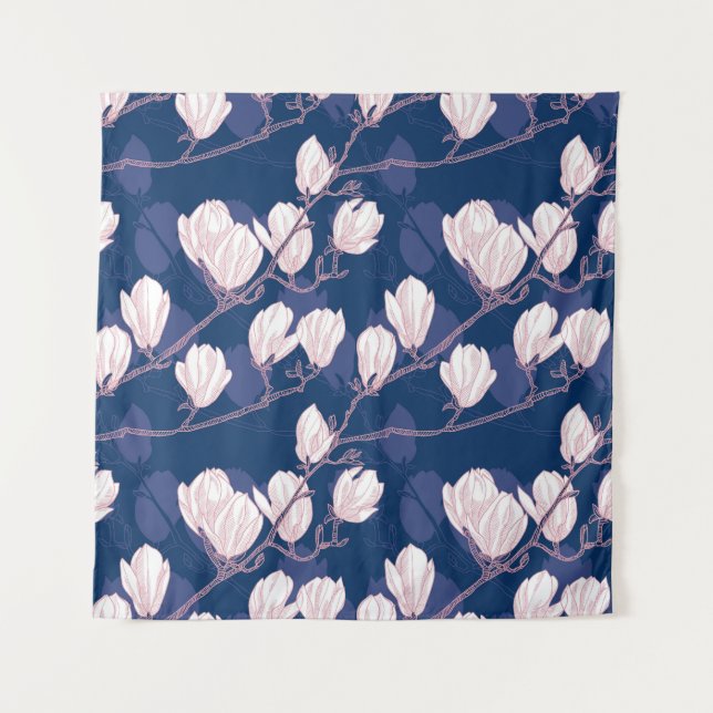 Magnolia Elegance: Navy Spring Bloom Tapestry (Front)
