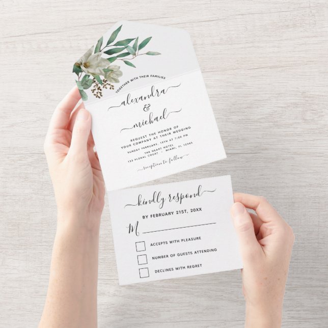 Magnolia Eucalyptus Greenery Elegant Wedding RSVP All In One Invitation (Tearaway)