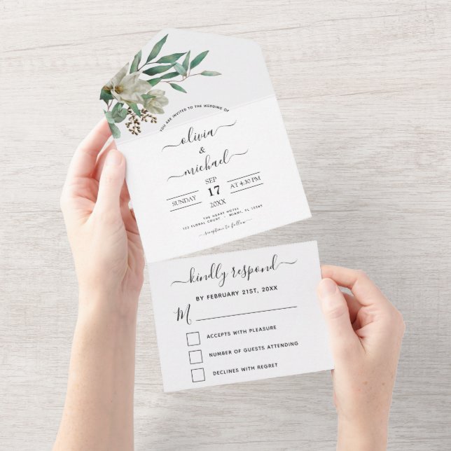 Magnolia Eucalyptus Greenery Elegant Wedding RSVP All In One Invitation (Tearaway)