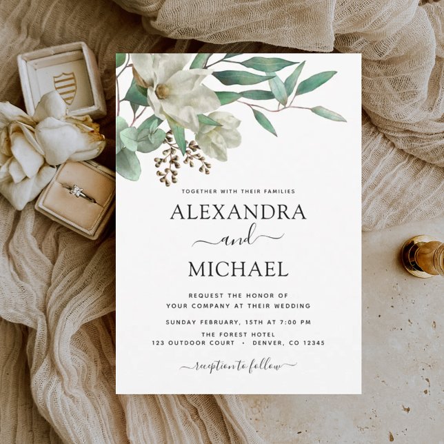 Magnolia Eucalyptus Watercolor Elegant Wedding Invitation (Creator Uploaded)