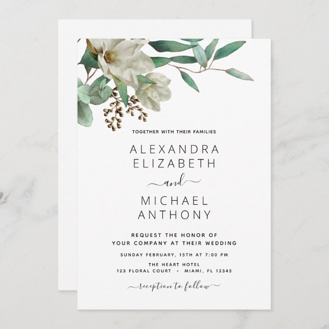 Magnolia Eucalyptus Watercolor Elegant Wedding Invitation (Front/Back)