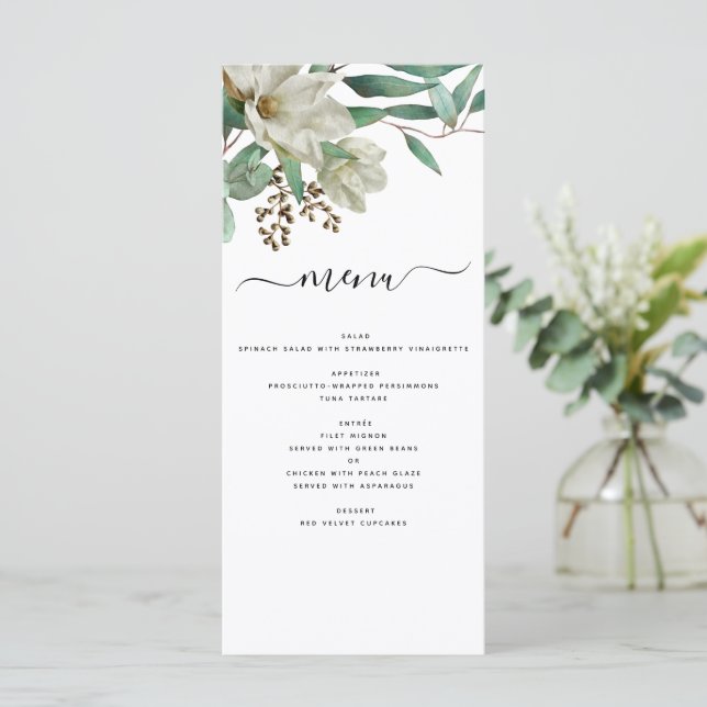 Magnolia Eucalyptus Watercolor Elegant Wedding Menu (Standing Front)