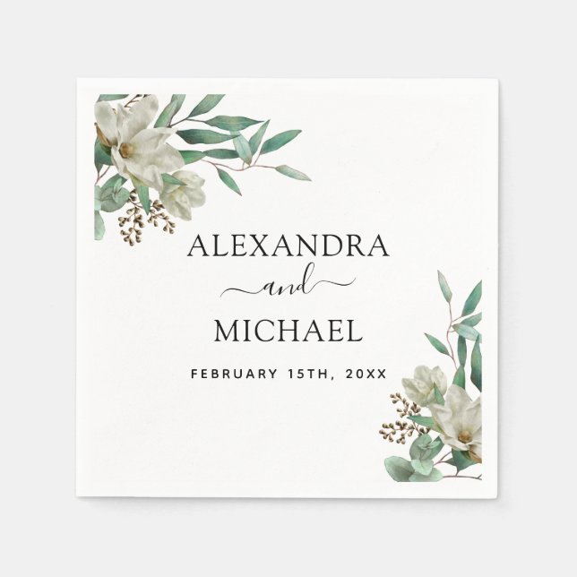 Magnolia Eucalyptus Watercolor Elegant Wedding Napkin (Front)