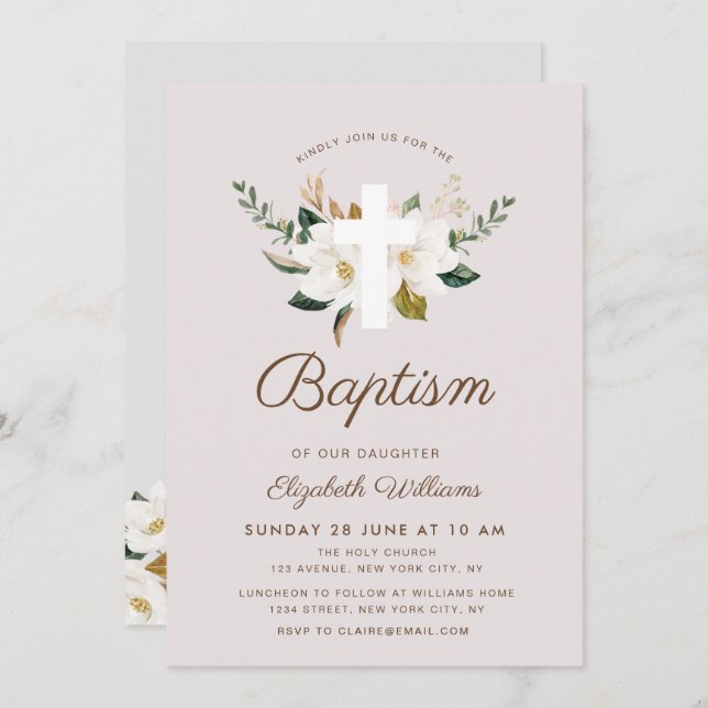 magnolia floral Baptism invitation (Front/Back)