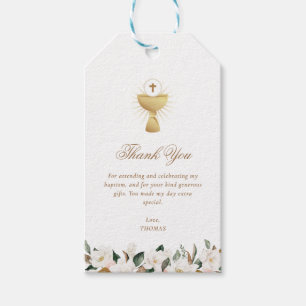 Magnolia floral baptism thank you gift tags