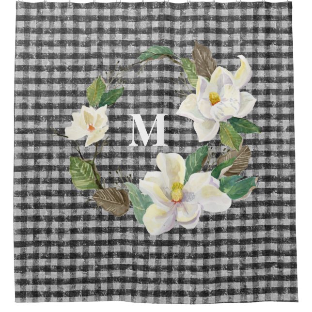 Magnolia Floral Black and White Check w Monogram Shower Curtain (Front)