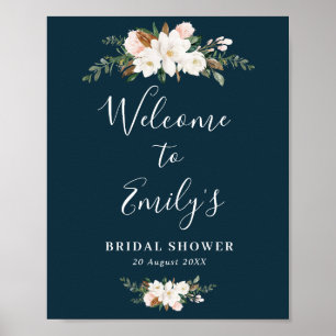 magnolia floral blue bridal shower welcome sign
