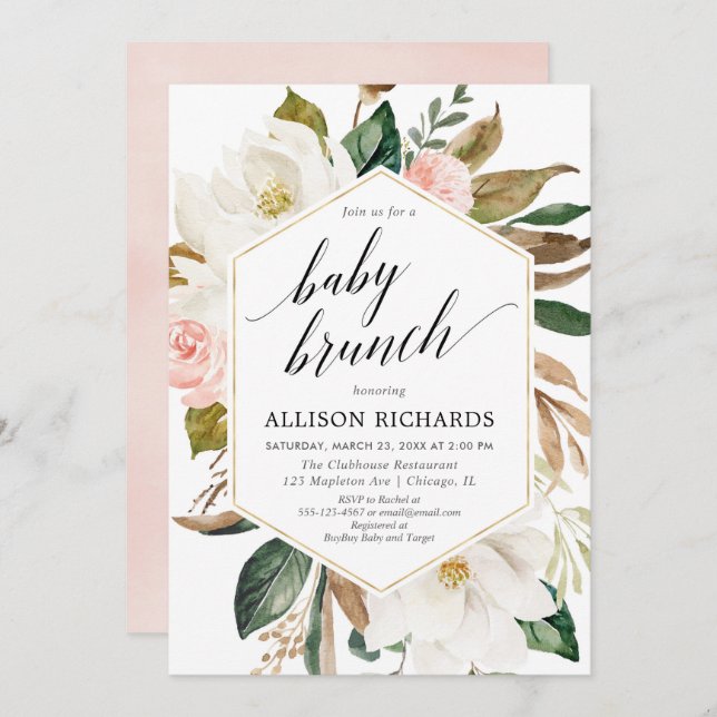 Magnolia floral blush gold girl baby brunch shower invitation (Front/Back)