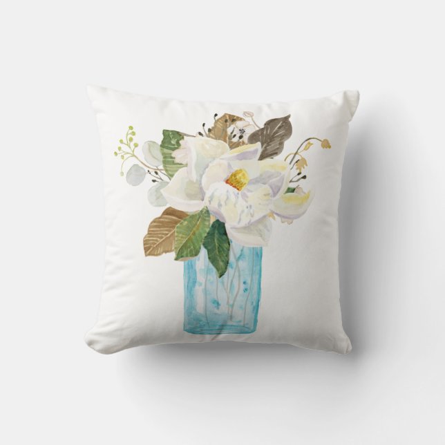 Magnolia Floral Bouquet Foliage Blue Glass Vase Cushion (Front)