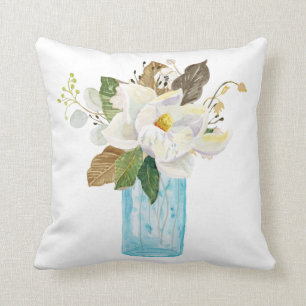 Magnolia Floral Bouquet Foliage Blue Glass Vase Cushion