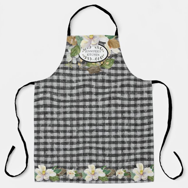 Magnolia Floral Farmhouse Black White Kitchen Name Apron (Front)