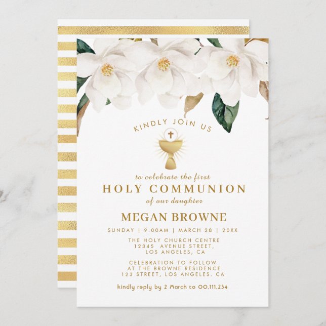magnolia floral  first holy communion invitation (Front/Back)