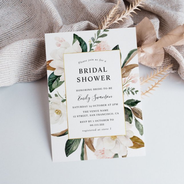 magnolia floral gold frame bridal shower invitation (Creator Uploaded)