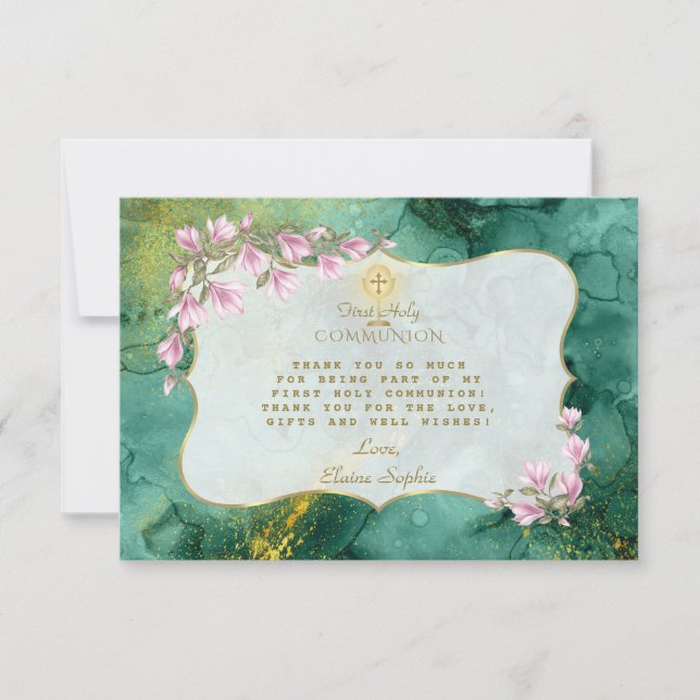 Magnolia Floral Malachite Gold Holy Communion Thank You Card (Front)