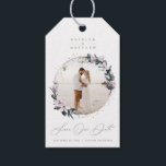 Magnolia Floral & Mauve Circle Photo Save The Date Gift Tags<br><div class="desc">Rustic Chic Magnolia Floral with Mauve Circle Framed Photo Save the Date Gift Tags. This design is elegant, airy, and romantic. With faux metallic Mauve Purple foil text and golden marble texture on the back side. Personalise it with your picture (you can even replace the marble back with your image)....</div>