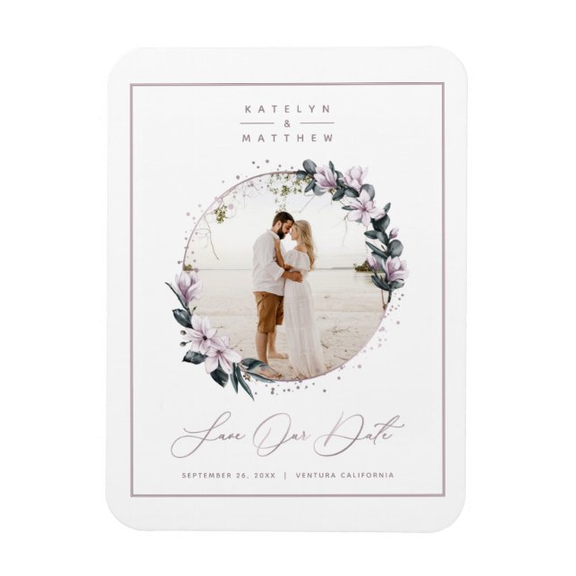 Magnolia Floral & Mauve Circle Photo Save The Date Magnet (Vertical)