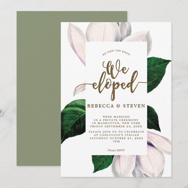 magnolia floral modern we eloped invitation (Front/Back)