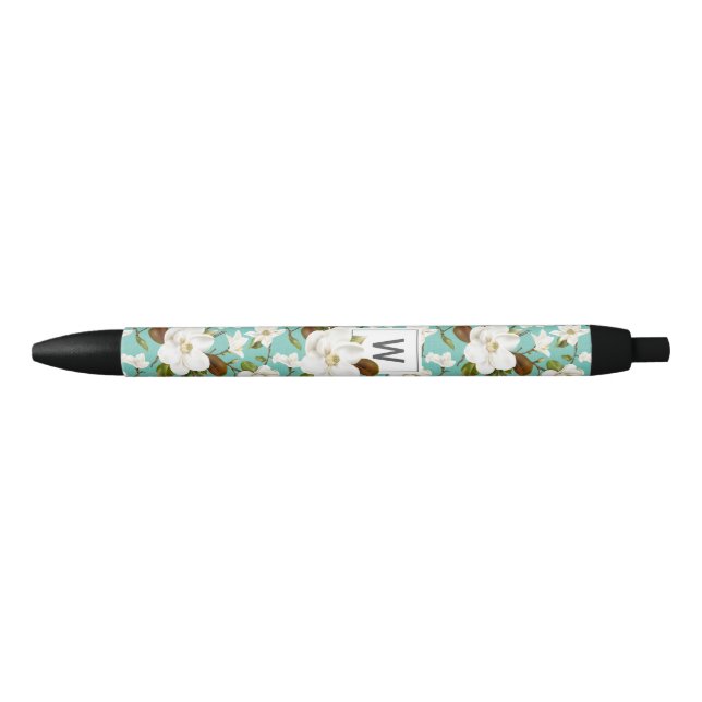 Magnolia Floral Monogram Black Ink Pen (Front)