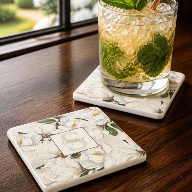 Magnolia Floral Monogram Stone Coaster (Creator Uploaded)