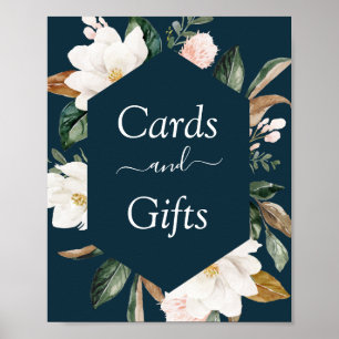 magnolia floral navy wedding cards & gifts sign