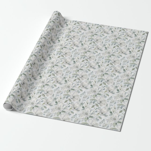 Magnolia Floral Pattern in Soft Grey Wrapping Paper (Unrolled)