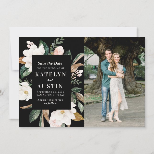 magnolia floral photo save the date card (Front)