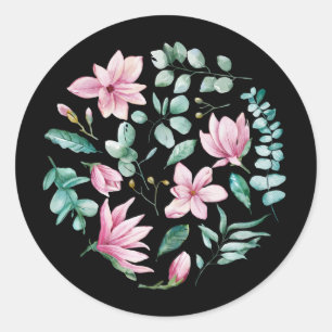 Magnolia floral print on black classic round sticker