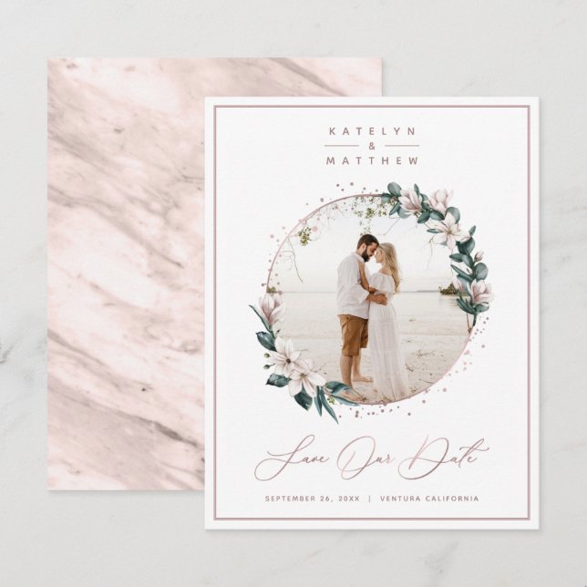Magnolia Floral & Rose Gold Circle Framed Photo Save The Date (Front/Back)