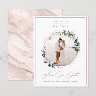Magnolia Floral & Rose Gold Circle Framed Photo Save The Date