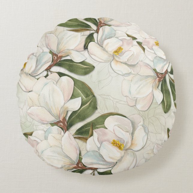 Magnolia Floral Round Throw Pillow (Front)