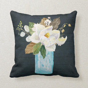 Magnolia Floral Rustic Navy Wood Blue Glass Vase Cushion