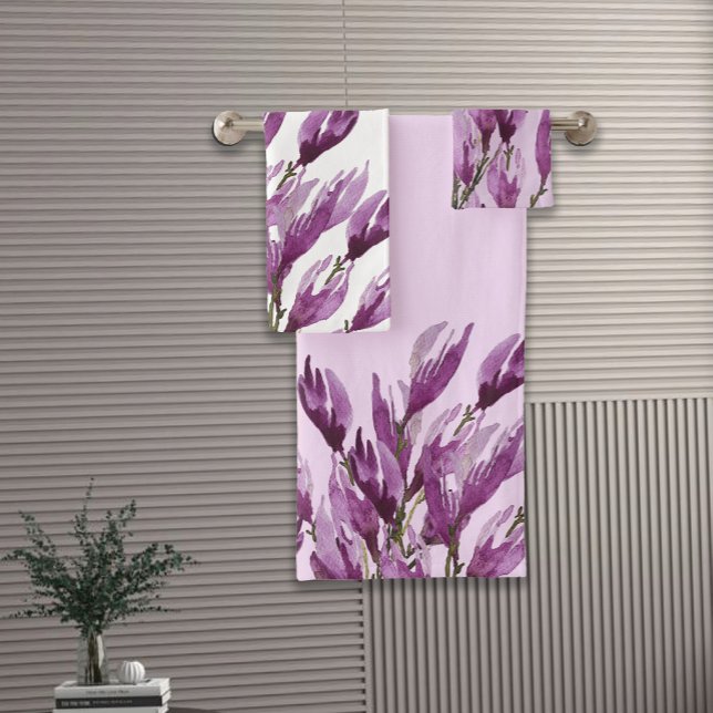 Magnolia Floral Watercolor Violet Blush Bath Towel Set (Creator Uploaded)