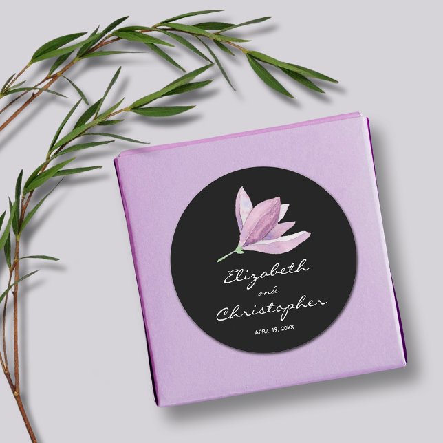 Magnolia Floral Wedding Favour on Black Classic Round Sticker (Magnolia Floral Wedding Favor Black Round Stickers)