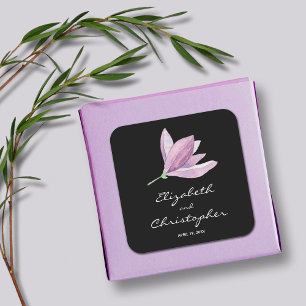 Magnolia Floral Wedding Favour on Black Square Sticker